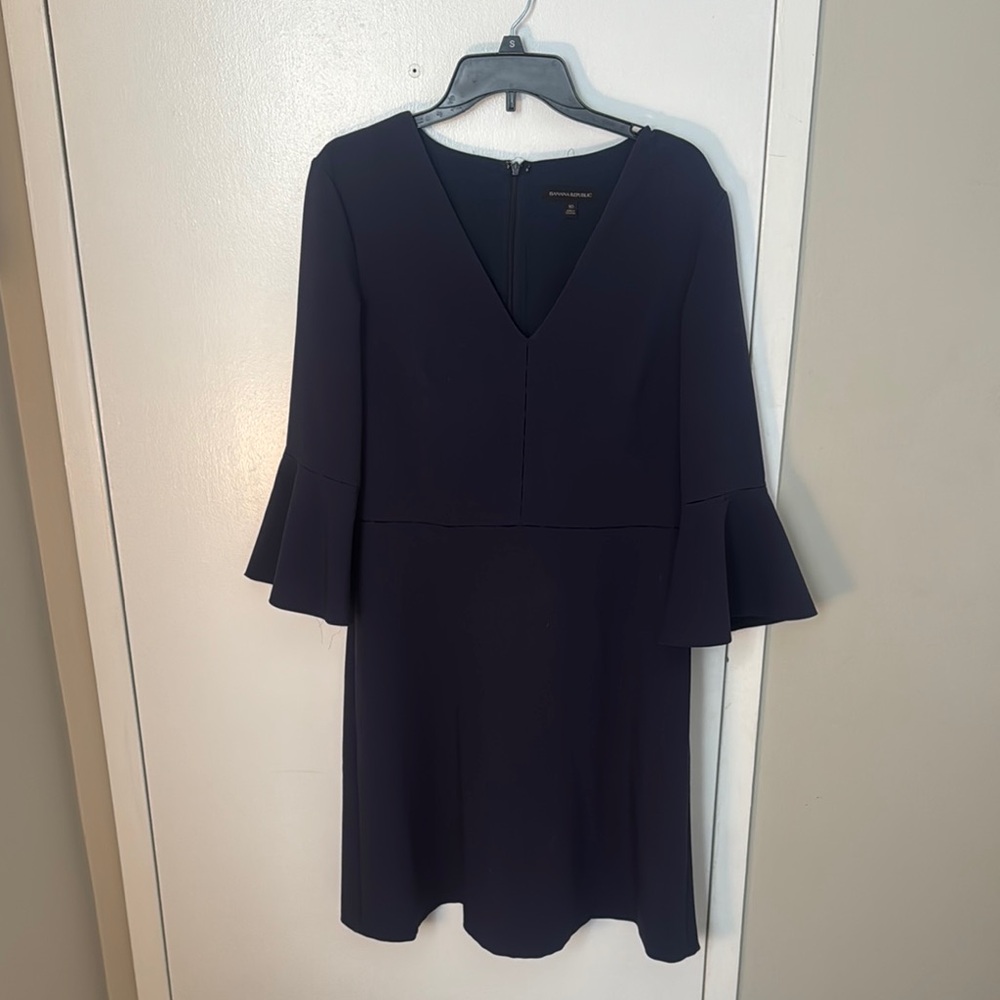 Banana Republic Navy Blue Sheath Dress with V-Neck and Bell Sleeves